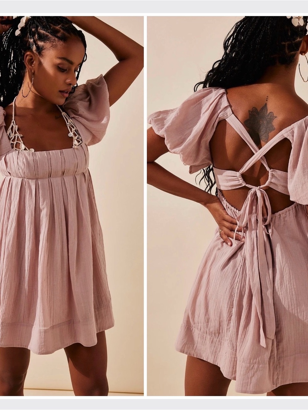 Free People Dusty Blush Puff-Sleeve Tie-Back Mini Dress SZ M NEW